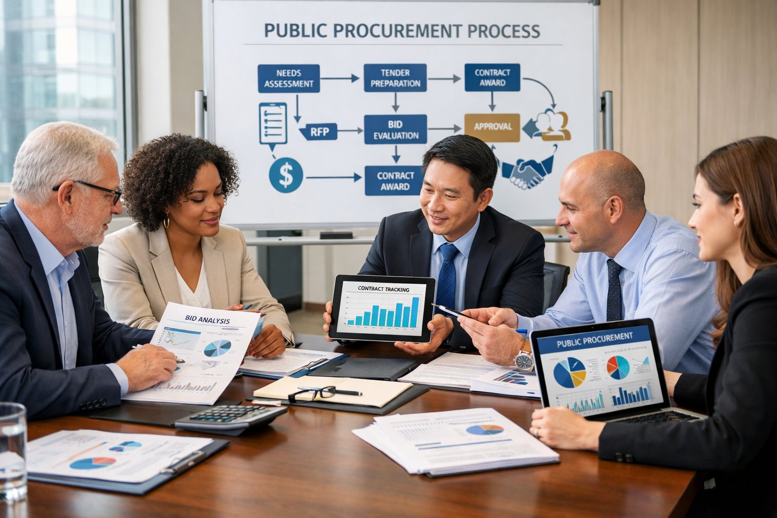 Un groupe de professionnels en réunion dans un bureau moderne, examinant des documents et des graphiques liés aux marchés publics.