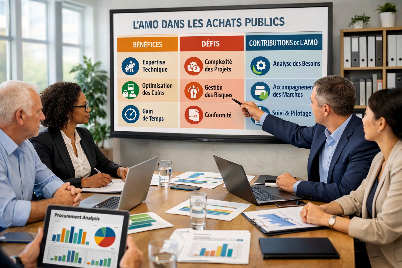 Un groupe de professionnels en réunion autour d'une table de conférence, analysant des documents et des graphiques liés aux marchés publics.