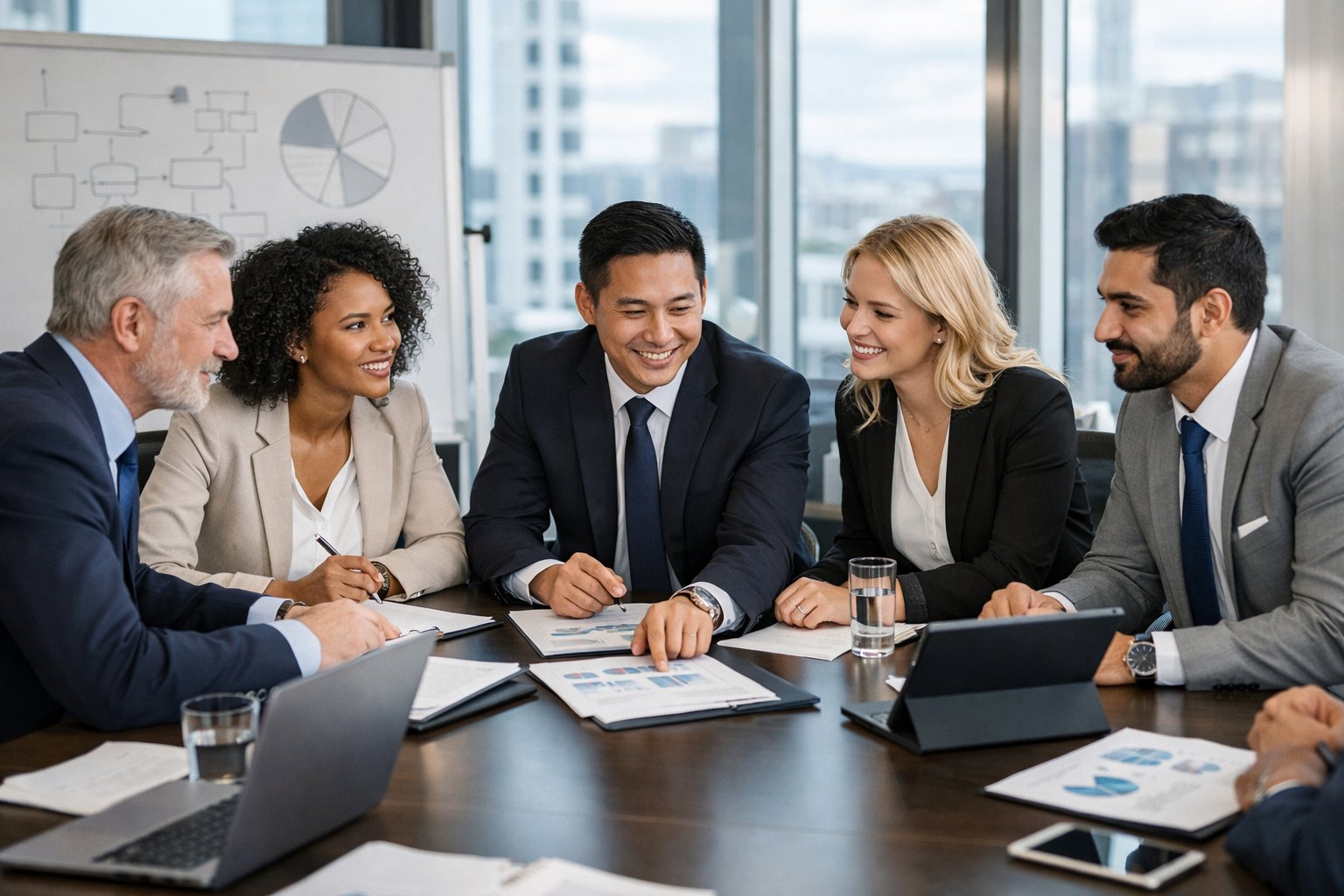 Un groupe de professionnels en réunion dans un bureau moderne, travaillant ensemble autour d'une table avec des ordinateurs et des documents.