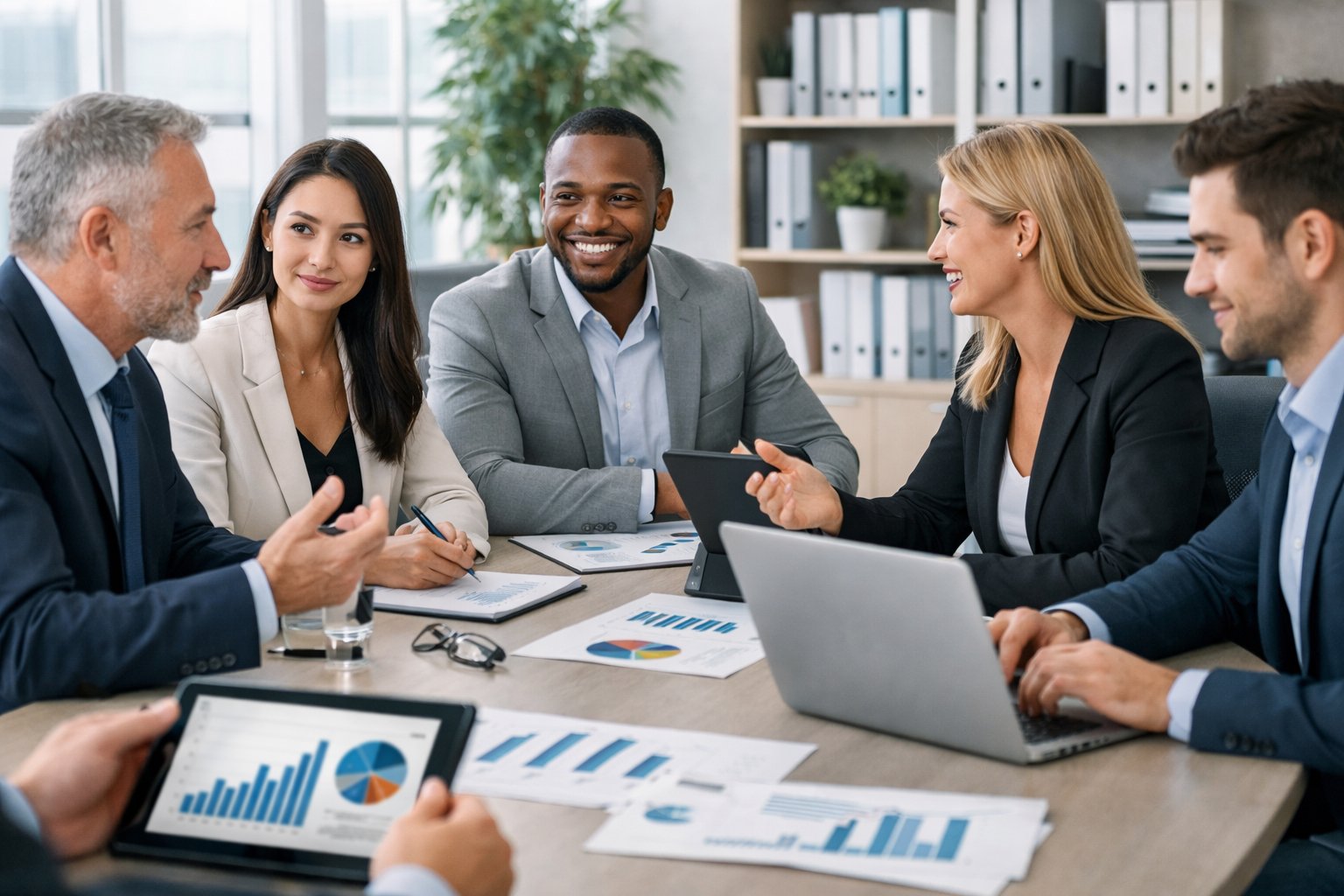 Un groupe de professionnels en réunion autour d'une table dans un bureau lumineux, travaillant sur des documents et des appareils électroniques.