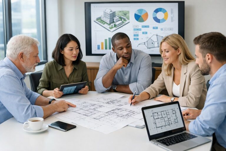Un groupe de professionnels en réunion autour d'une table, examinant des plans et discutant d'un projet.