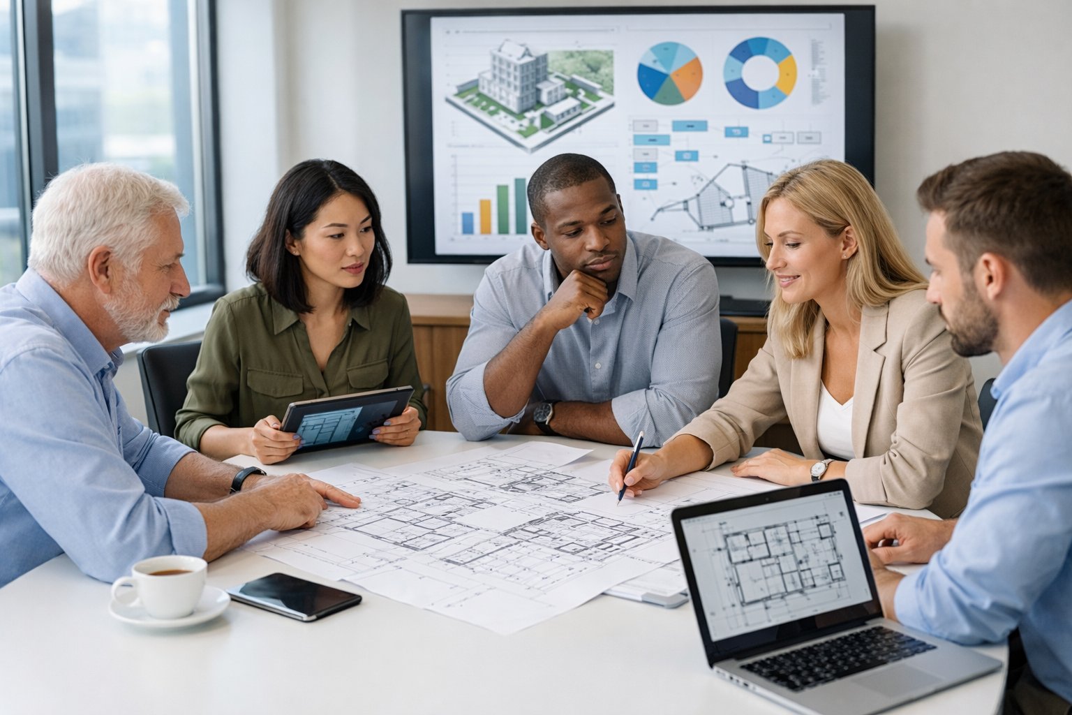 Un groupe de professionnels en réunion autour d'une table, examinant des plans et discutant d'un projet.