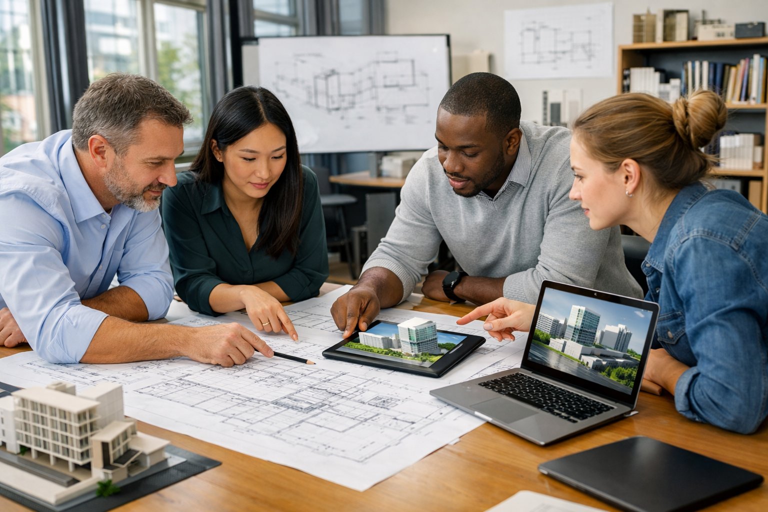Une équipe d'architectes et d'ingénieurs collaborant autour d'une table avec des plans et des modèles 3D dans un bureau moderne lumineux.