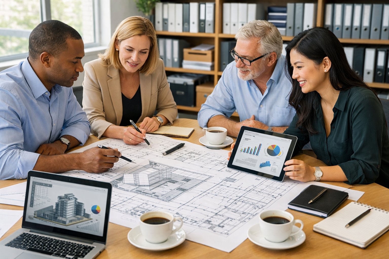 Des professionnels en réunion autour d'une table avec des plans et des ordinateurs dans un bureau lumineux.