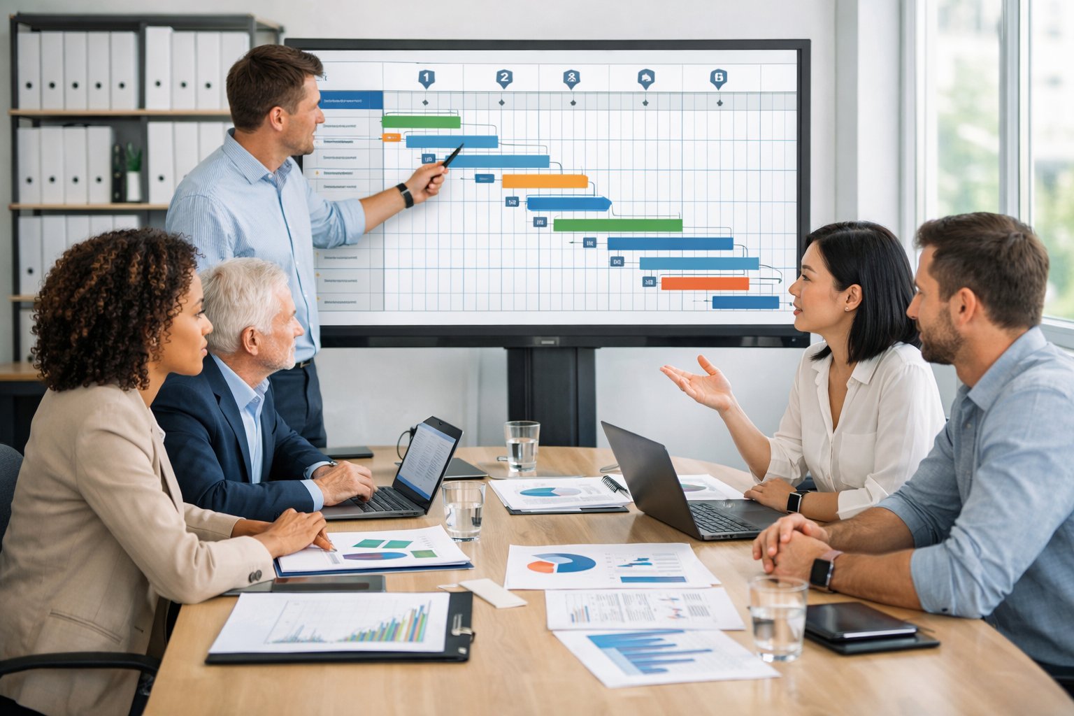 Un groupe de professionnels en réunion autour d'une table de conférence discutant de la planification d'un projet avec des documents et un écran affichant un calendrier de projet.