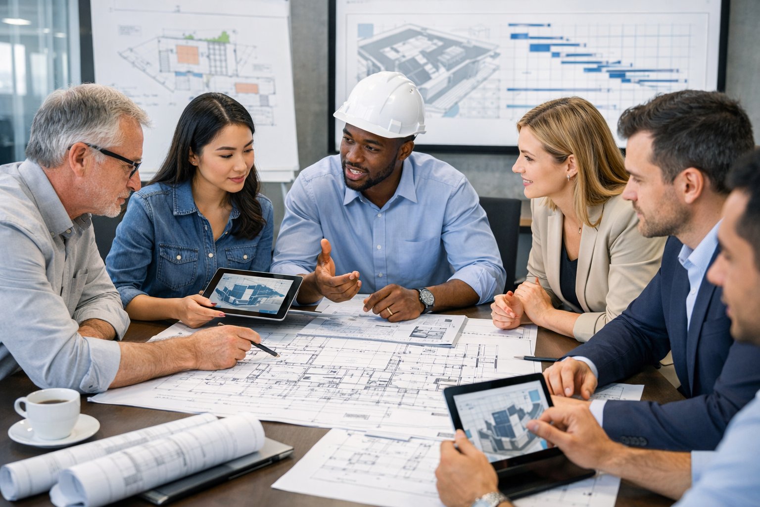 Un groupe de professionnels en réunion autour d'une table, examinant des plans et discutant d'un projet en phase avant-projet.