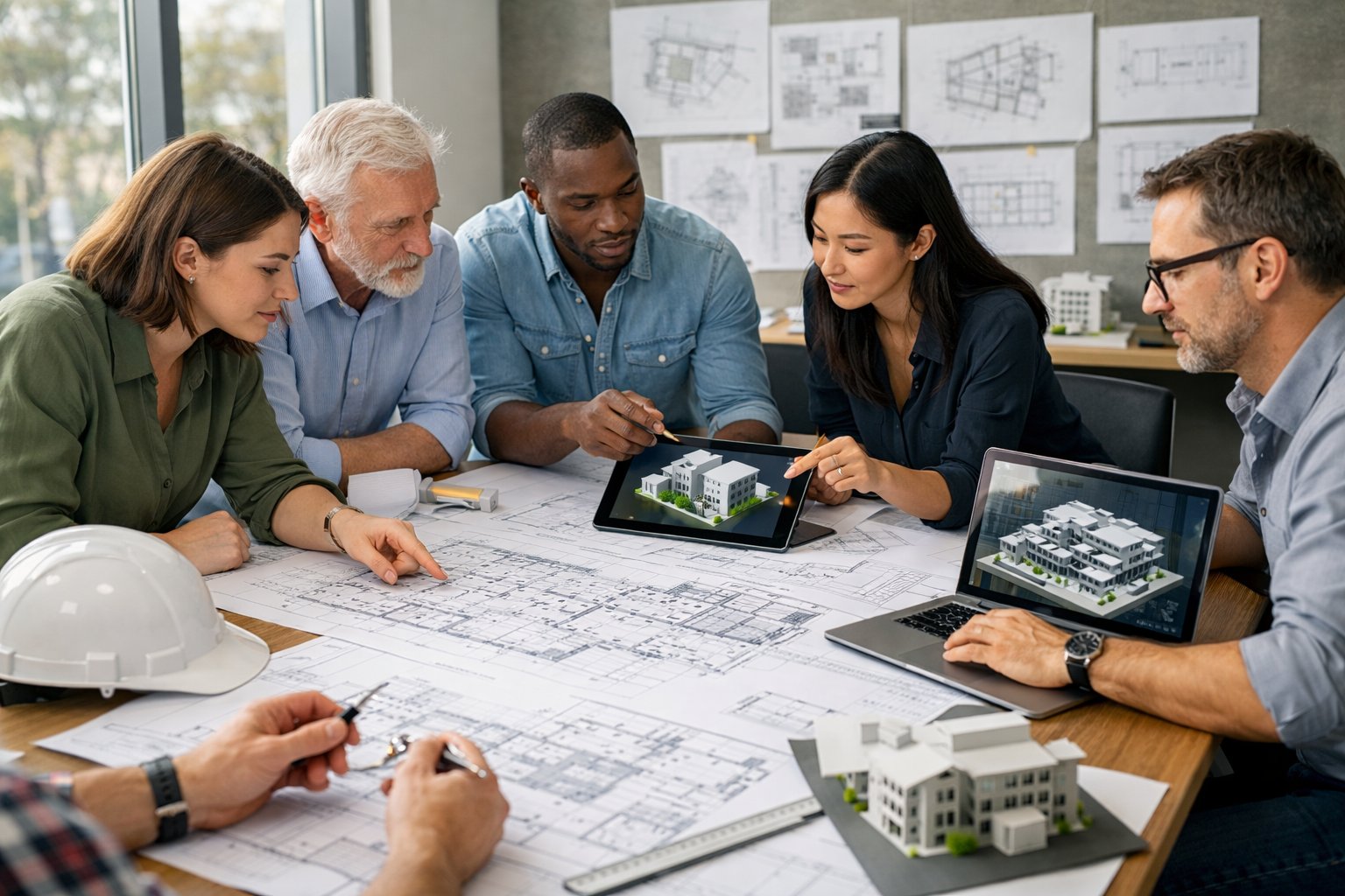 Une équipe d'architectes et d'ingénieurs collaborant autour d'une table avec des plans et des modèles 3D dans un bureau lumineux.