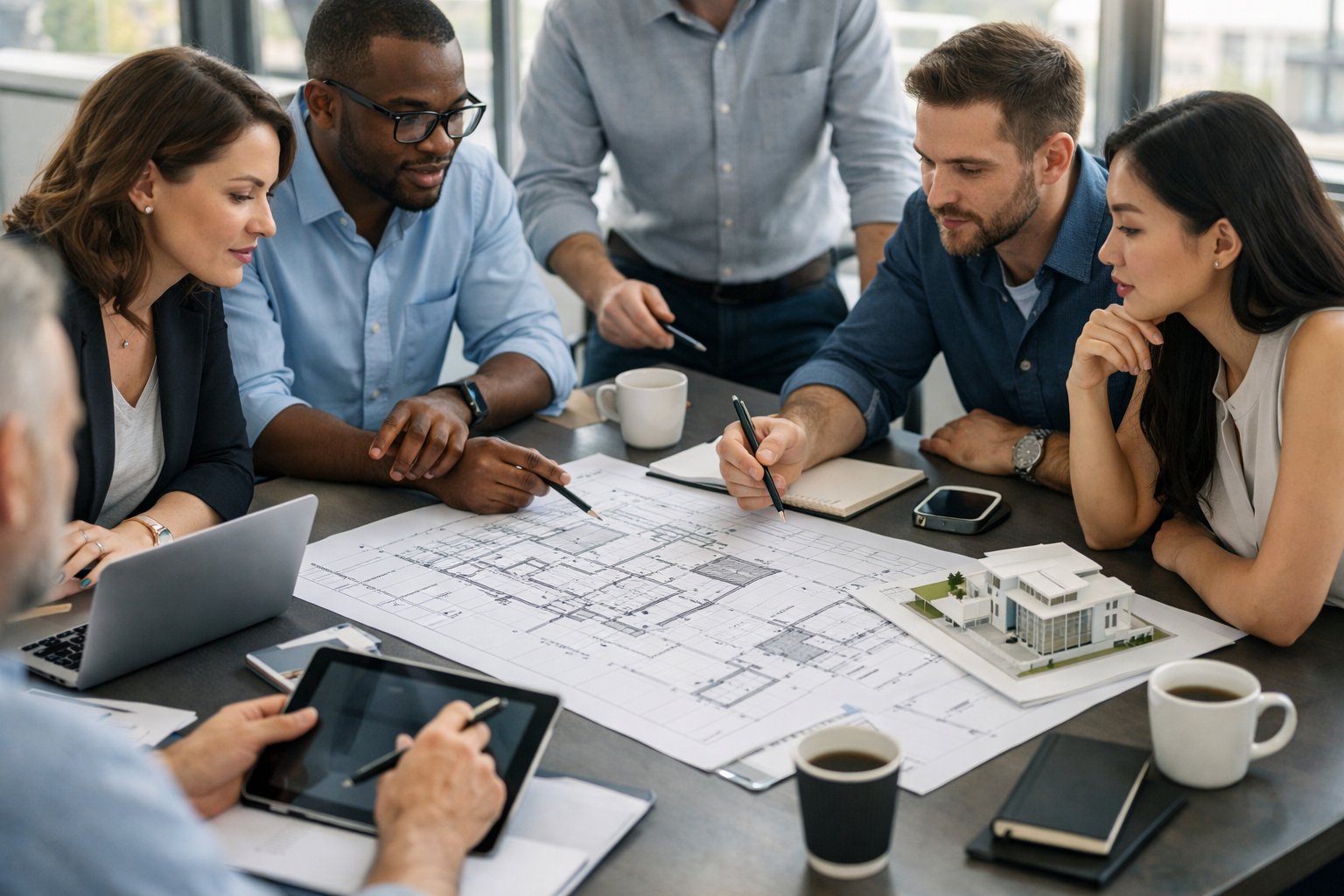 Un groupe de professionnels en réunion autour d'une table avec des plans et des ordinateurs dans un bureau moderne et lumineux.