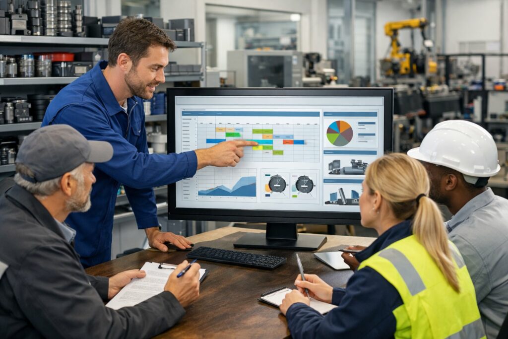 Une équipe de professionnels de la maintenance collaborant autour d'un écran affichant des plannings et des données de maintenance dans un bureau moderne avec des équipements industriels en arrière-plan.