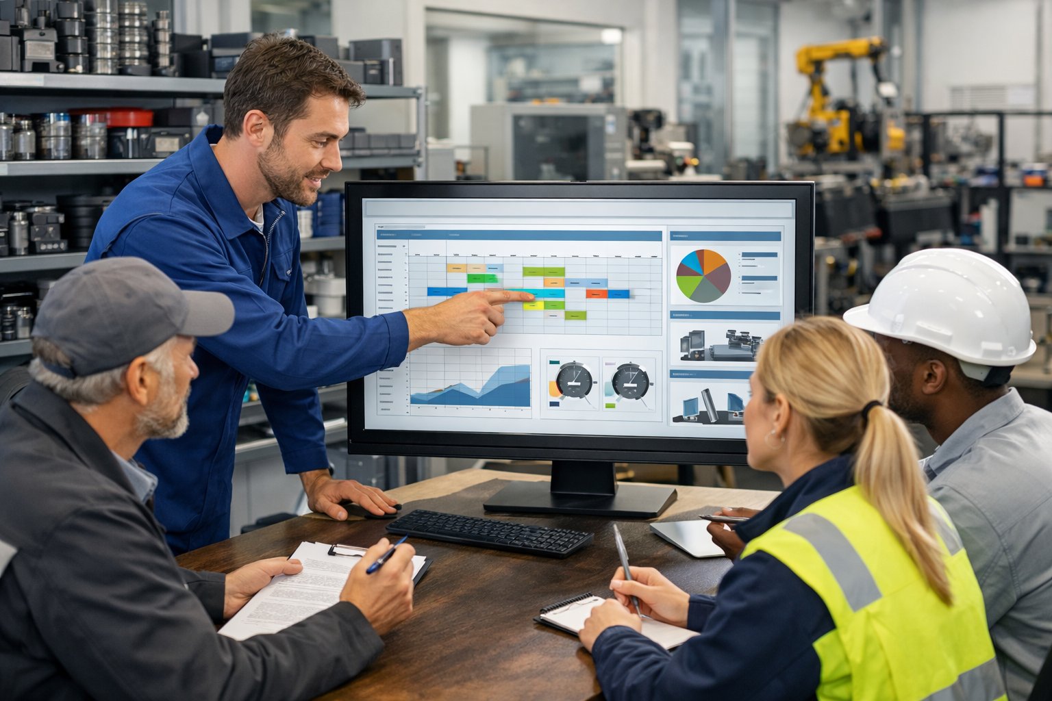 Une équipe de professionnels de la maintenance collaborant autour d'un écran affichant des plannings et des données de maintenance dans un bureau moderne avec des équipements industriels en arrière-plan.