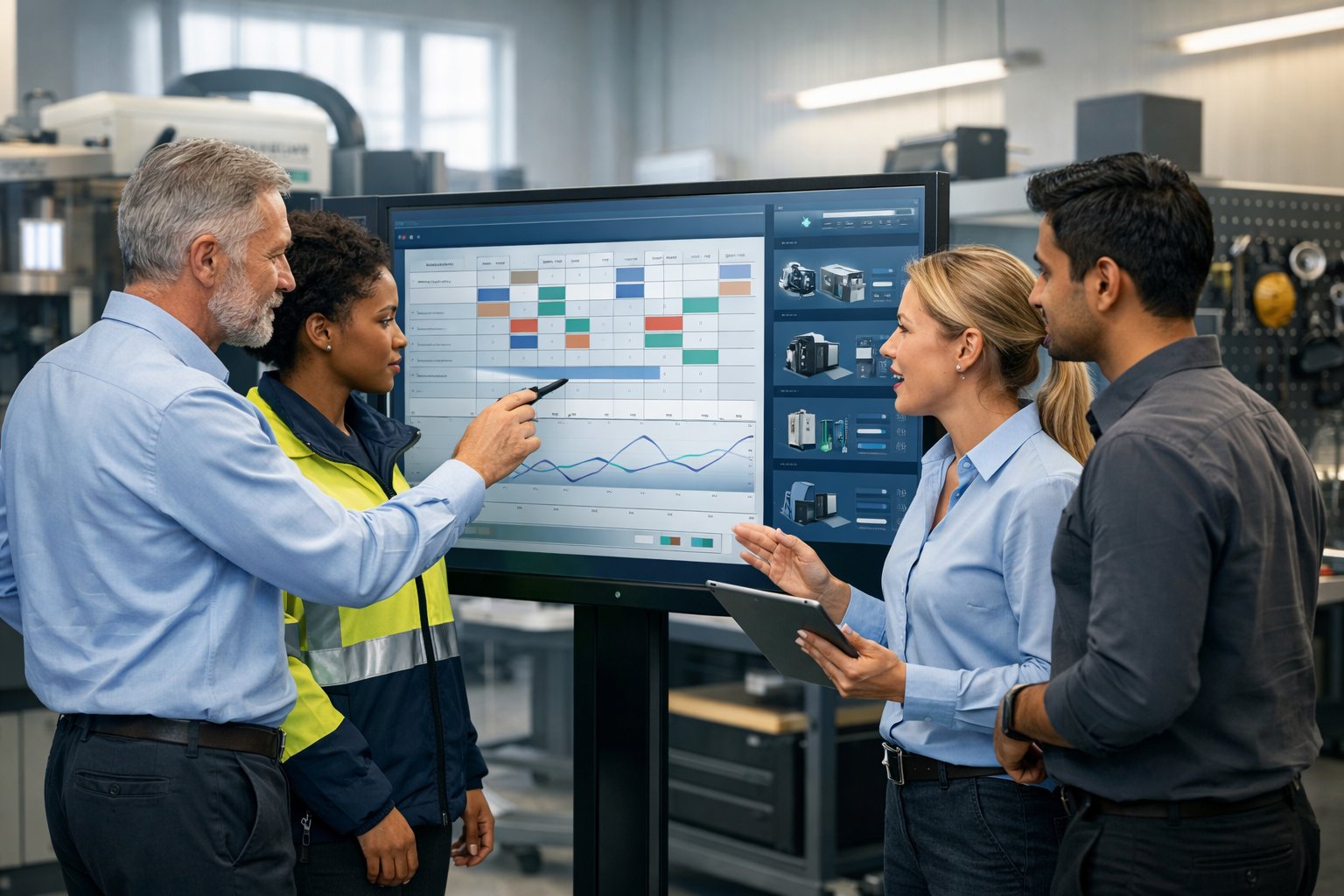 Des professionnels collaborant autour d'un écran tactile affichant des données de maintenance dans un bureau moderne avec des équipements industriels en arrière-plan.