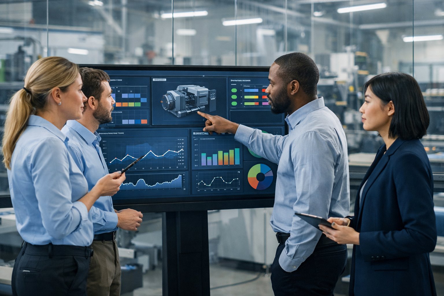 Des professionnels collaborant autour d'un écran tactile affichant des données de maintenance dans un bureau moderne avec des éléments industriels en arrière-plan.