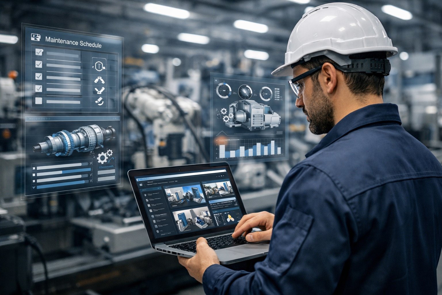 Un technicien de maintenance utilisant une tablette dans un environnement industriel avec des machines en arrière-plan.