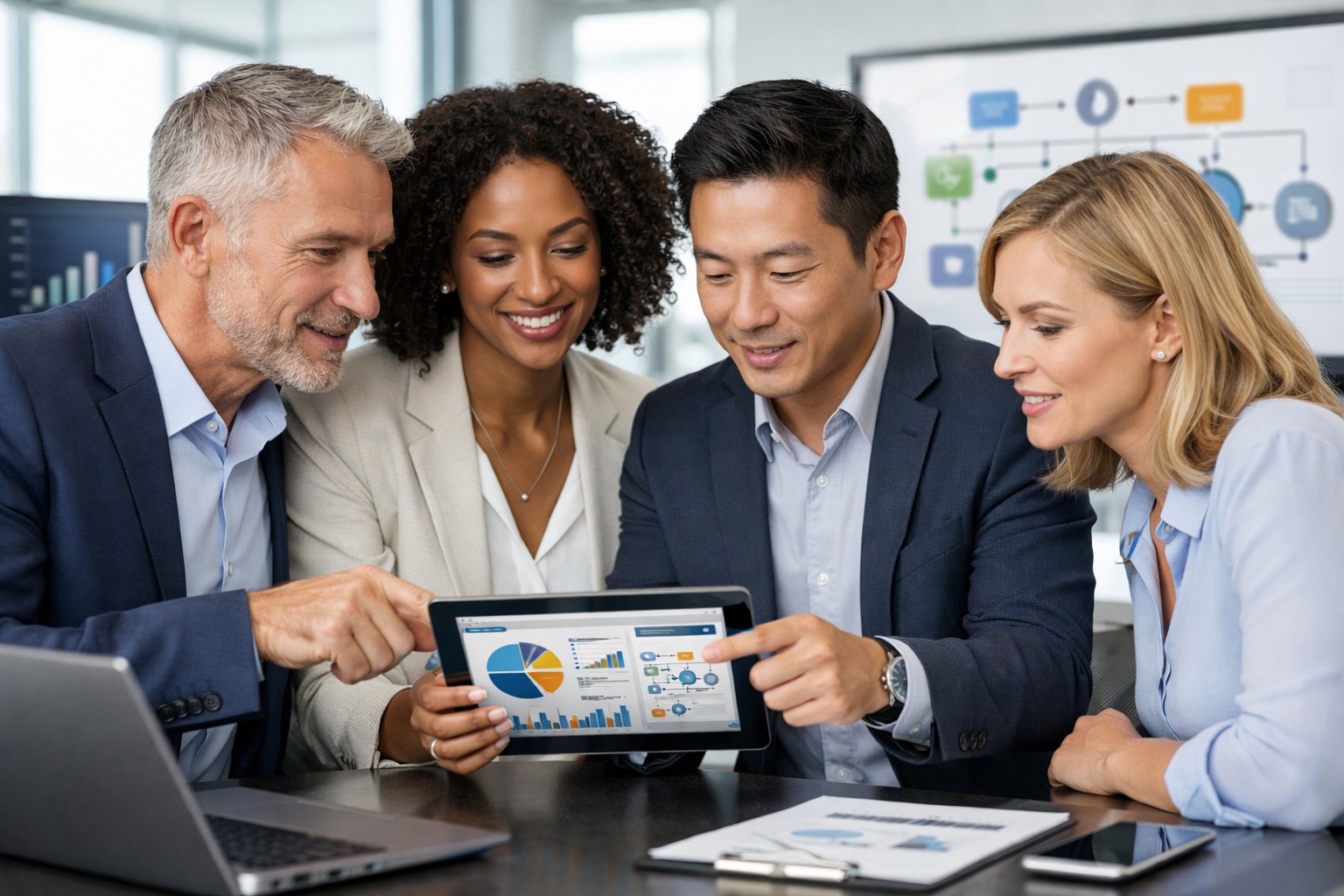 Des professionnels en réunion dans un bureau moderne, discutant autour d'une tablette montrant un logiciel de gestion de maintenance, avec des écrans affichant des graphiques en arrière-plan.