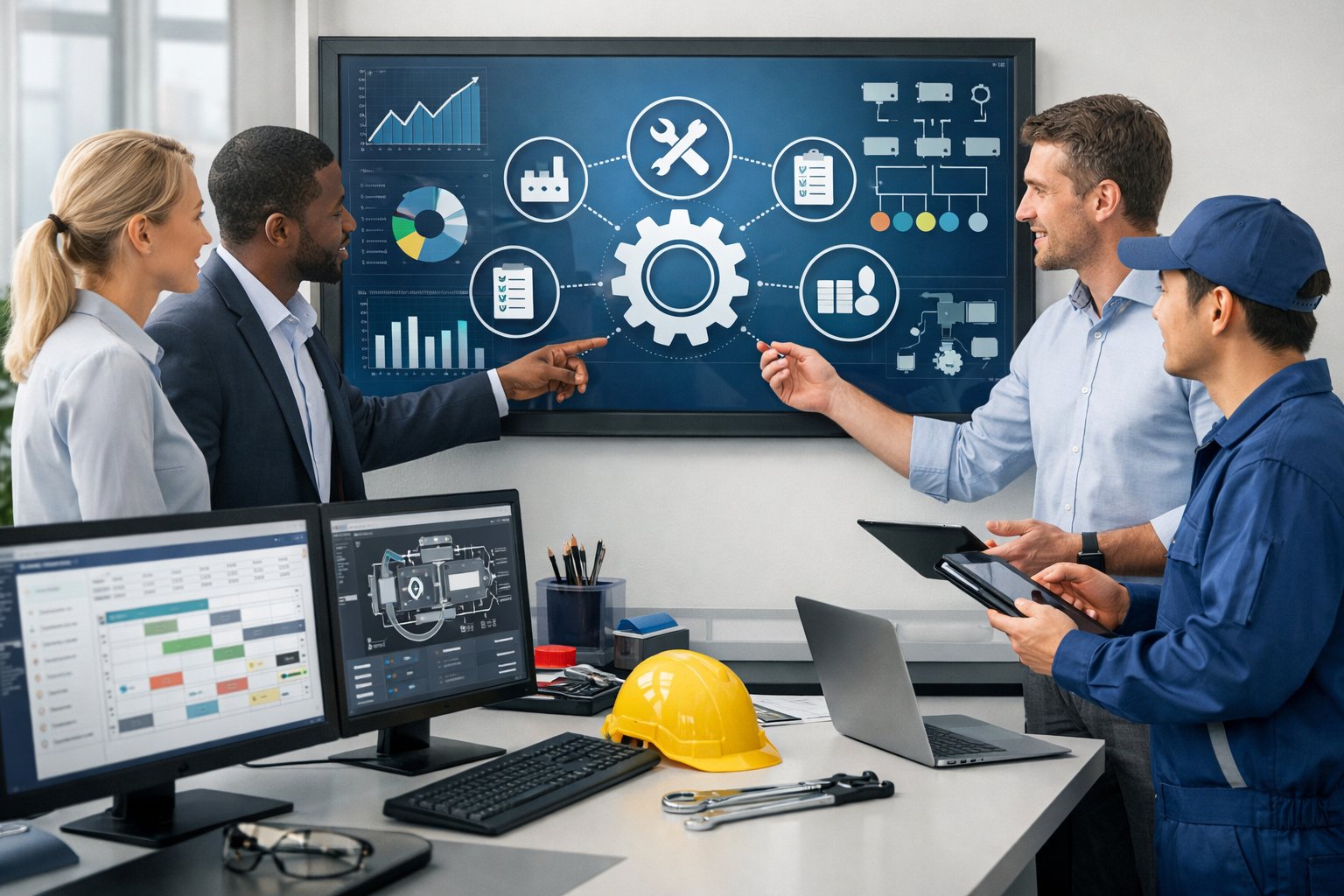 Des professionnels en réunion autour d'un écran tactile affichant des graphiques liés à la gestion de maintenance dans un bureau moderne.