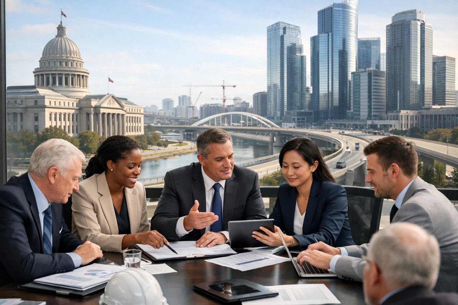 Un groupe de professionnels et de responsables gouvernementaux discutant ensemble devant une ville moderne avec des bâtiments publics et privés en arrière-plan.