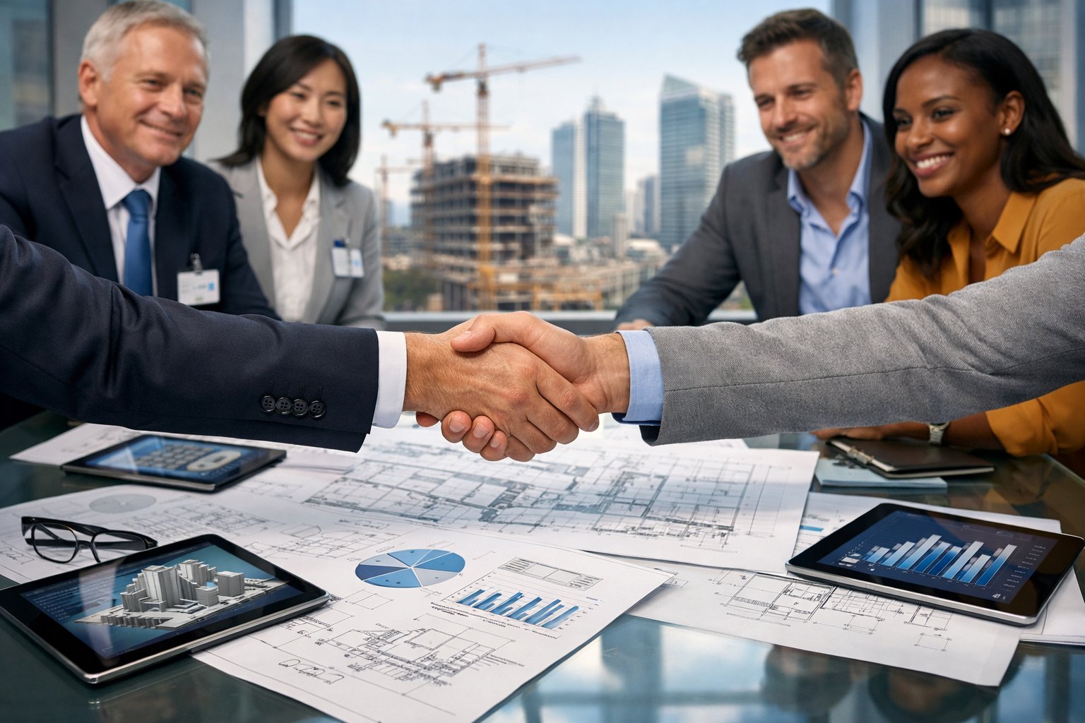 Deux groupes de professionnels en tenue d'affaires se serrant la main autour d'une table avec des plans et des graphiques, devant une ville avec des chantiers en arrière-plan.