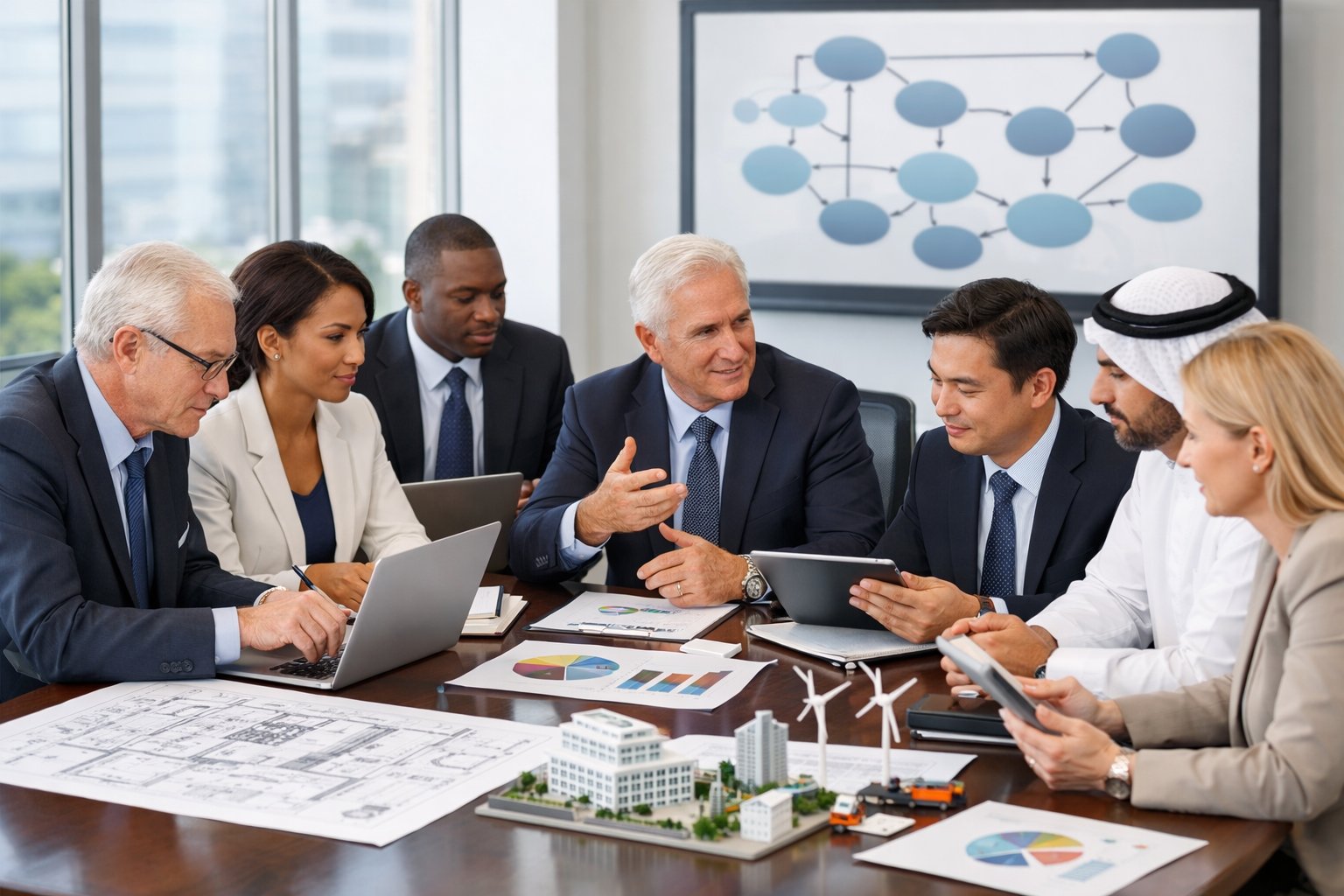 Un groupe de professionnels et de représentants gouvernementaux collaborant autour d'une table de réunion dans un bureau moderne, examinant des documents et des plans.