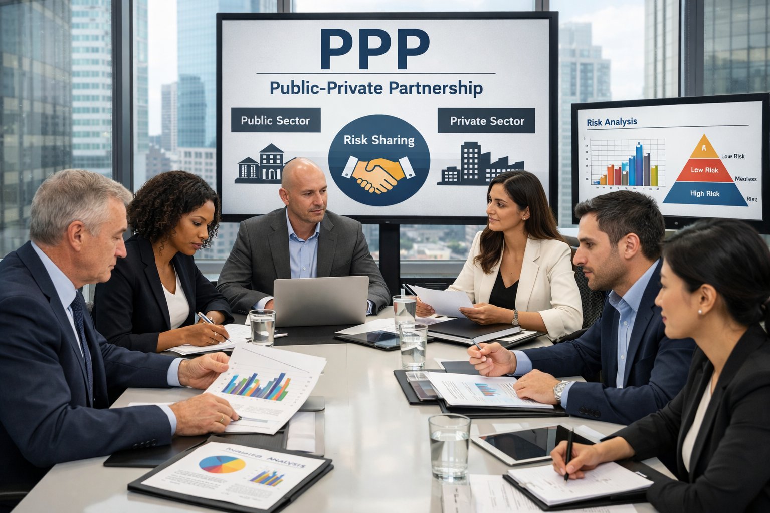 Un groupe de professionnels en réunion autour d'une table discutant de financement et de partage des risques dans un partenariat public-privé.