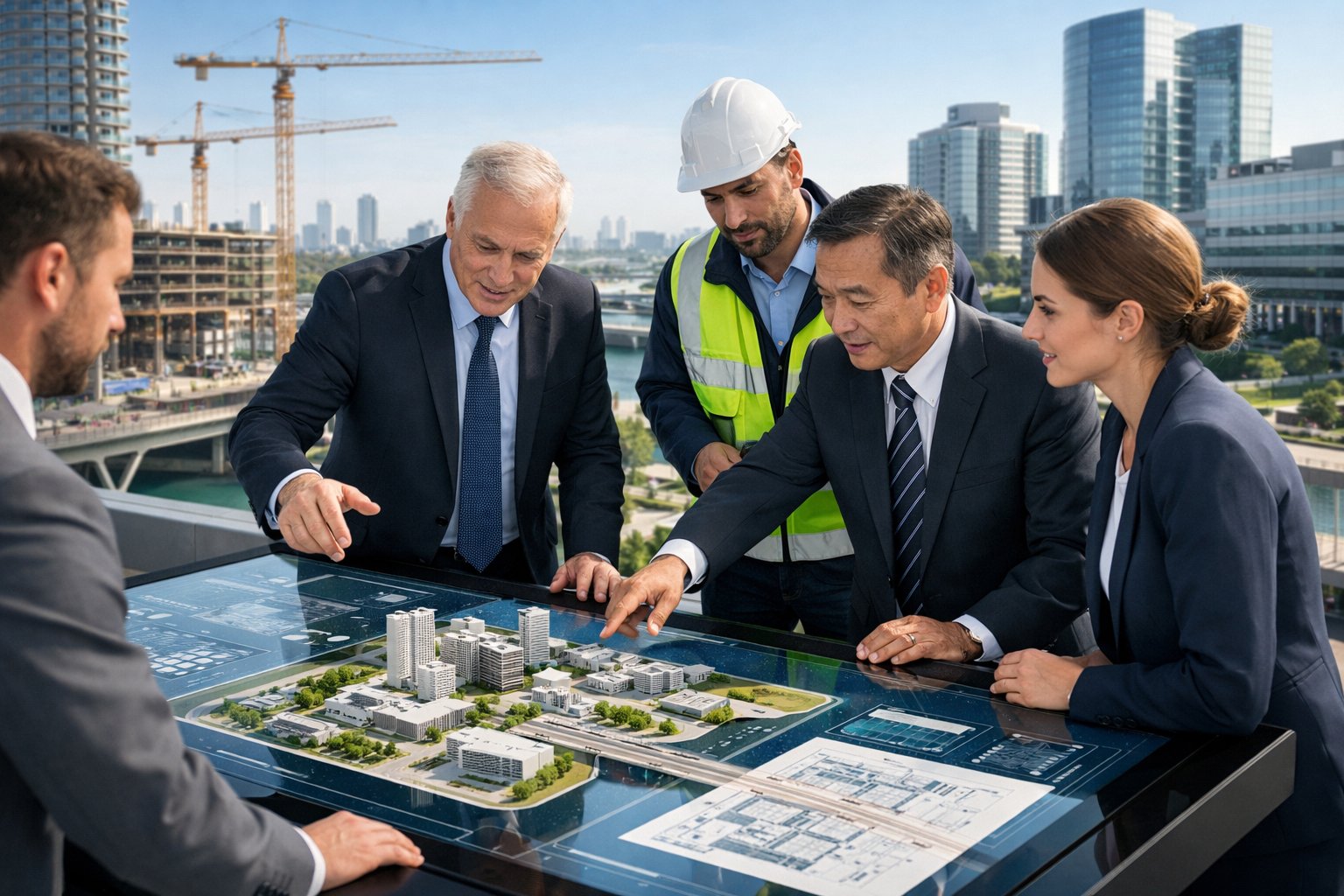 Des professionnels et des responsables gouvernementaux discutent autour d'une table numérique avec des plans de construction, devant un paysage urbain avec des chantiers et des bâtiments modernes.