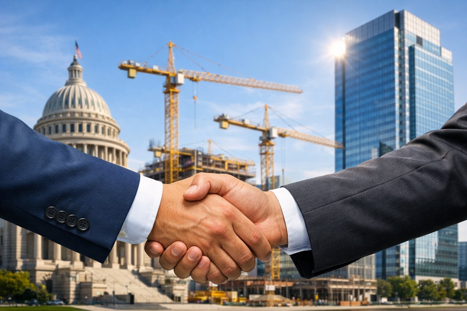 Deux professionnels en costume se serrant la main devant un chantier de construction avec des bâtiments publics et privés en arrière-plan.