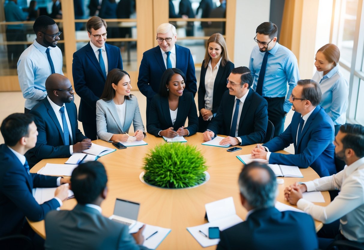Un groupe diversifié de personnes venant de différents pays se rassemble autour d'une table, discutant des marchés de la commande publique internationale.