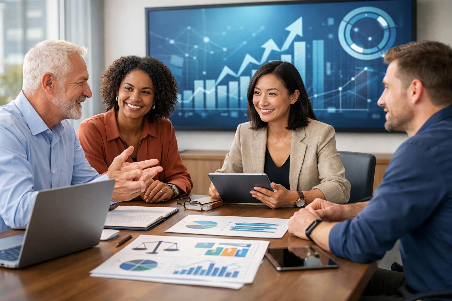 Un groupe de professionnels divers discutant autour d'une table dans un bureau moderne, avec des ordinateurs et des documents, symbolisant la compréhension des nouvelles règles de formation en 2026.