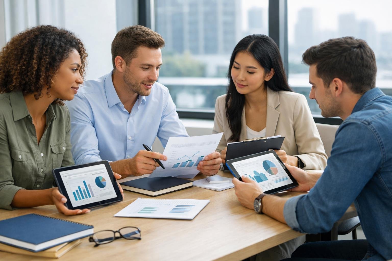 Un groupe de jeunes professionnels discutant autour d'une table dans un bureau moderne, examinant des documents et des tablettes numériques.