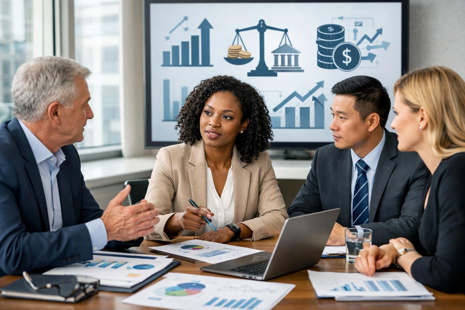 Un groupe de professionnels en réunion autour d'une table de conférence avec des ordinateurs portables et des documents financiers, discutant de changements financiers.