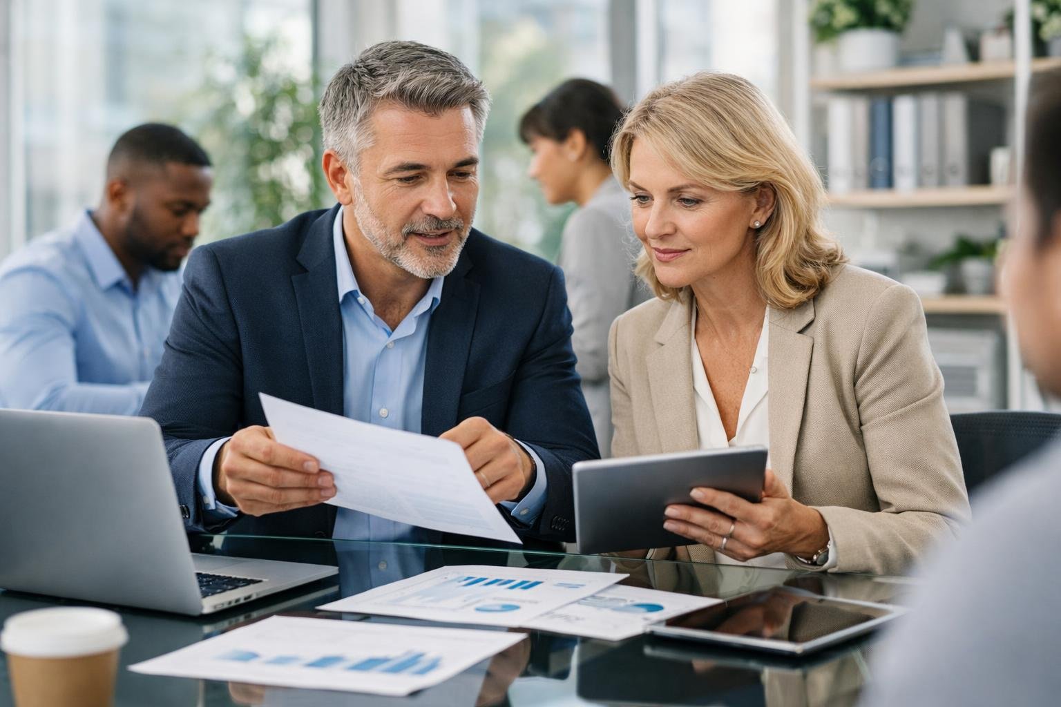 Un groupe de professionnels discutant autour d'une table dans un bureau moderne et lumineux.