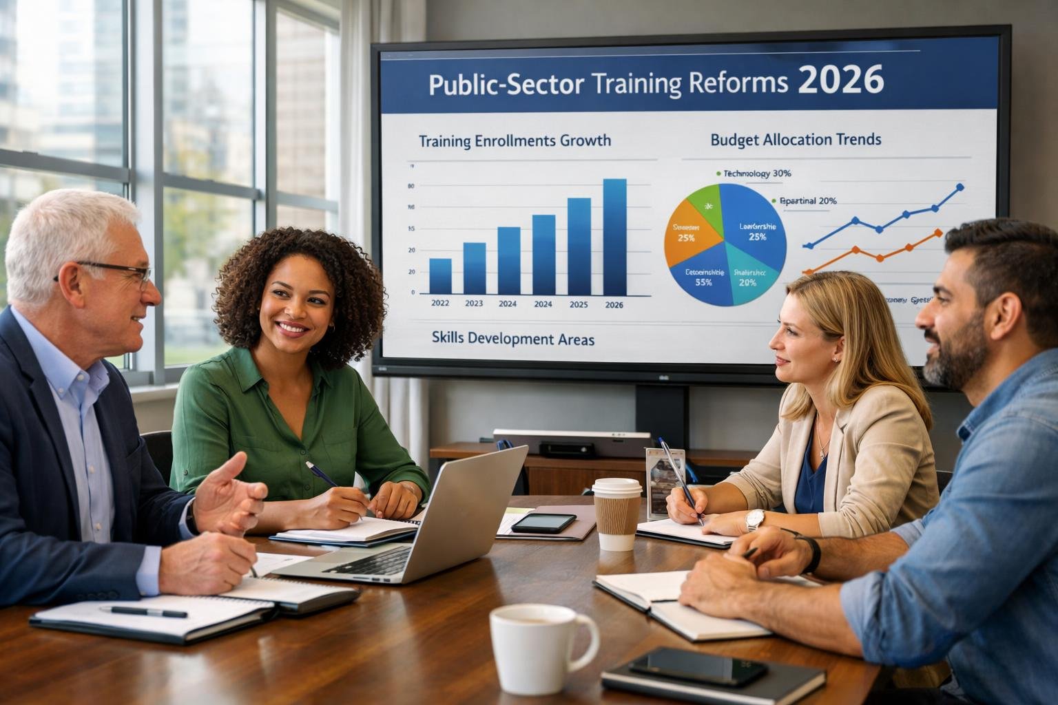 Des professionnels en réunion autour d'une table dans un bureau moderne, discutant de données sur un écran.