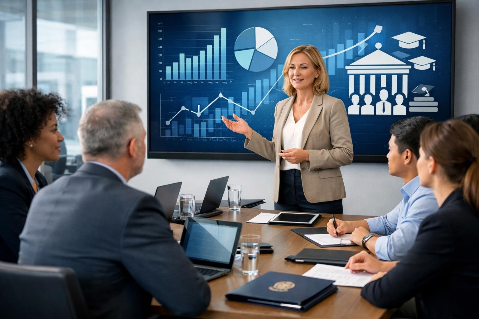 Un groupe de professionnels divers réunis autour d'une table de conférence, en pleine discussion dans un bureau moderne avec un écran numérique affichant des graphiques en arrière-plan.