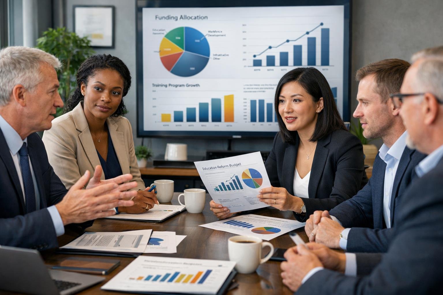 Des professionnels en réunion autour d'une table de conférence, analysant des graphiques financiers dans un bureau moderne.