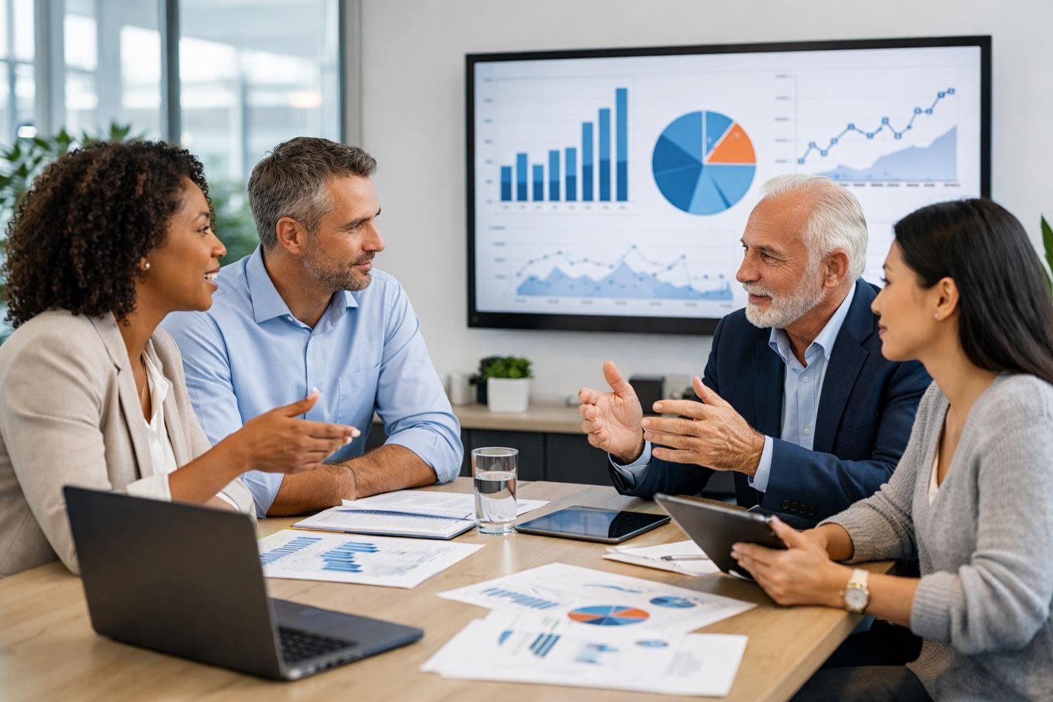 Des professionnels en réunion autour d'une table de conférence, discutant et analysant des données dans un bureau moderne et lumineux.