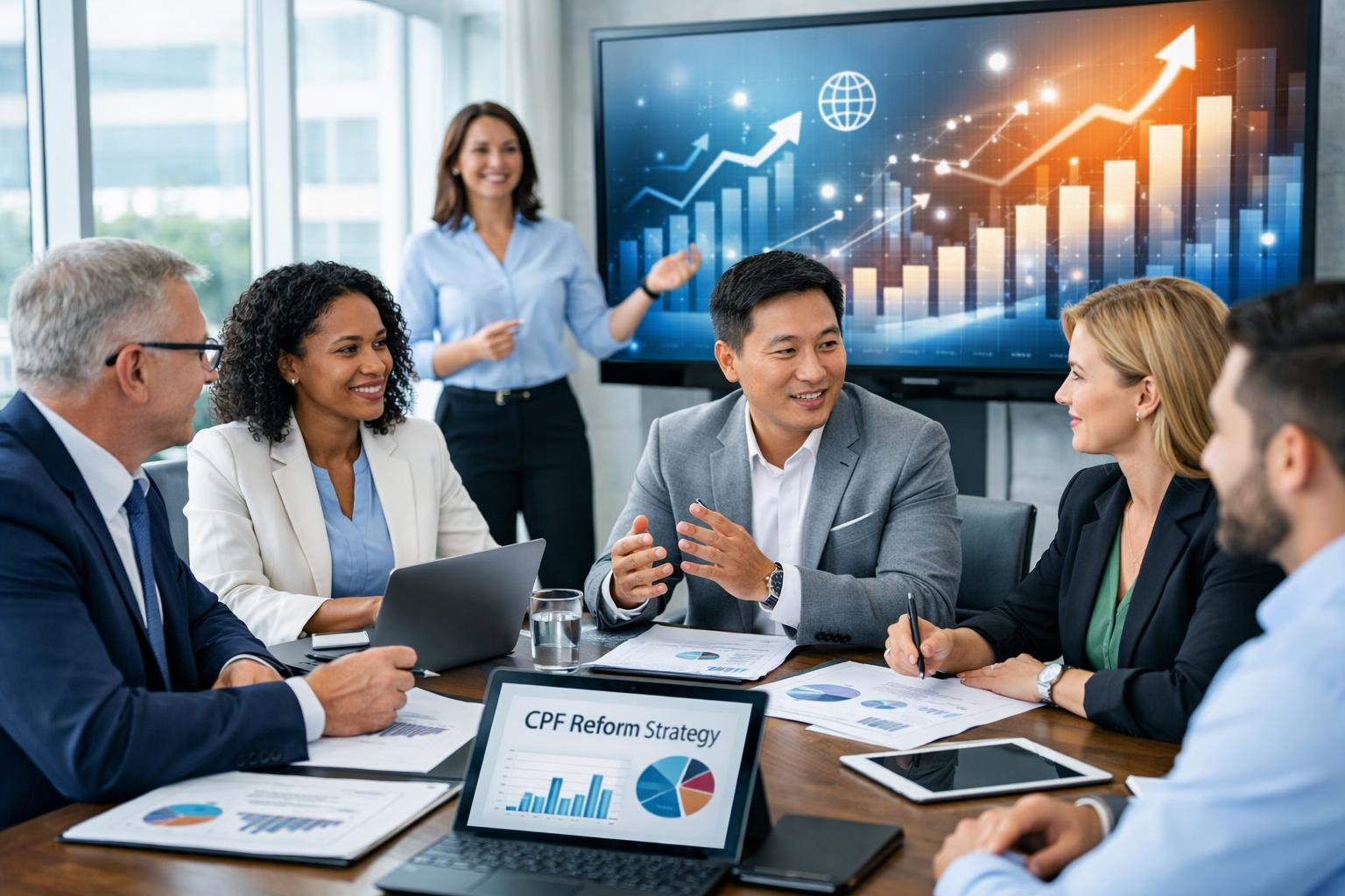 Un groupe de professionnels en réunion dans une salle moderne, discutant de stratégies liées aux marchés publics de formation et à la réforme du CPF.