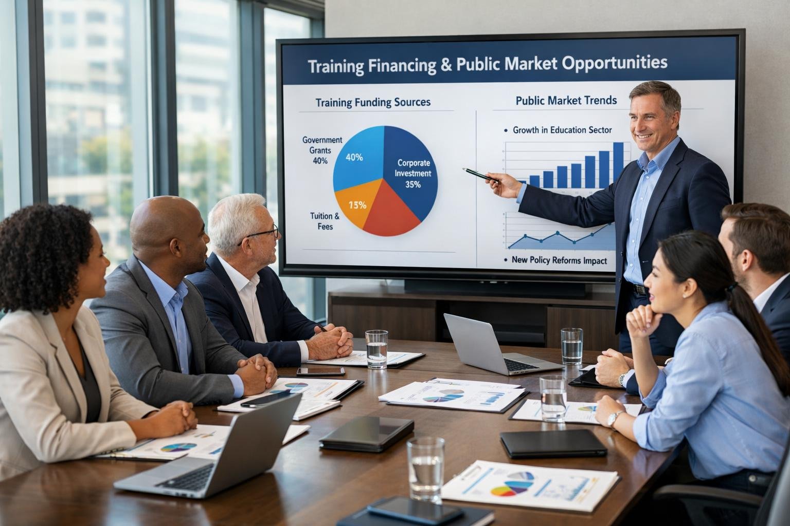 Un groupe de professionnels en réunion autour d'une table de conférence, discutant et analysant des graphiques sur un écran numérique.