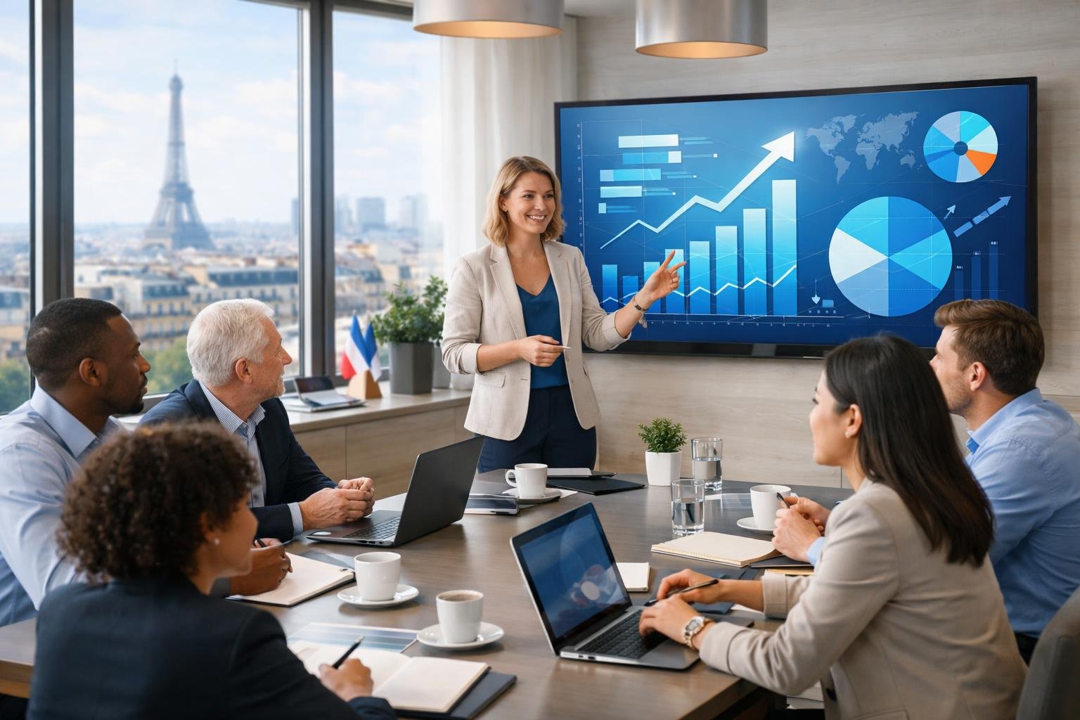 Un groupe diversifié de professionnels en formation dans une salle de réunion moderne, discutant autour d'une table avec un grand écran affichant des graphiques en arrière-plan.