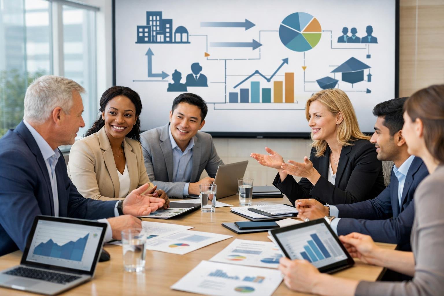 Un groupe de professionnels en réunion dans un bureau moderne, discutant autour d'une table avec des documents et des écrans affichant des graphiques.