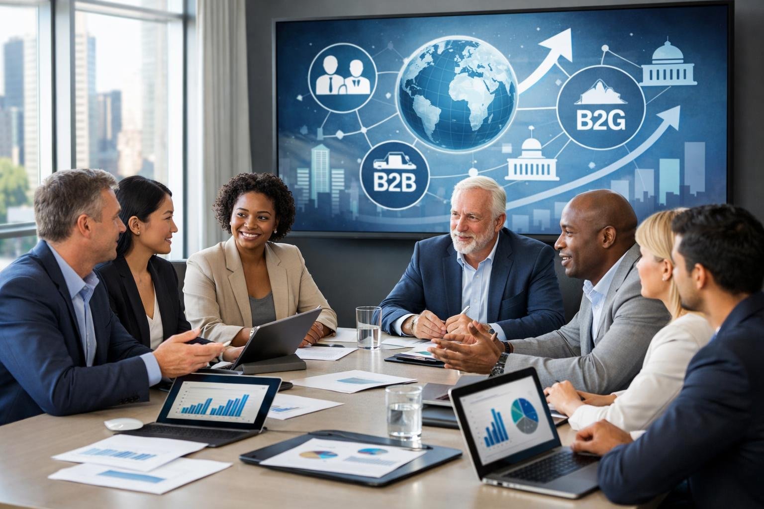 Des professionnels en réunion autour d'une table de conférence, discutant de stratégies commerciales dans un bureau lumineux.