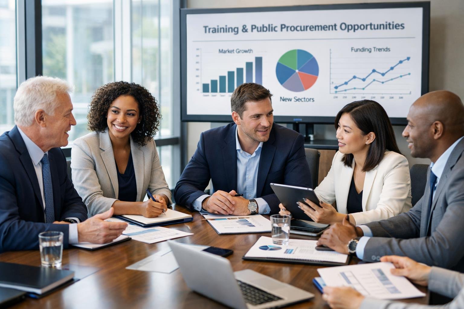 Un groupe de professionnels en réunion dans un bureau moderne, discutant autour d'une table avec des ordinateurs et des documents.