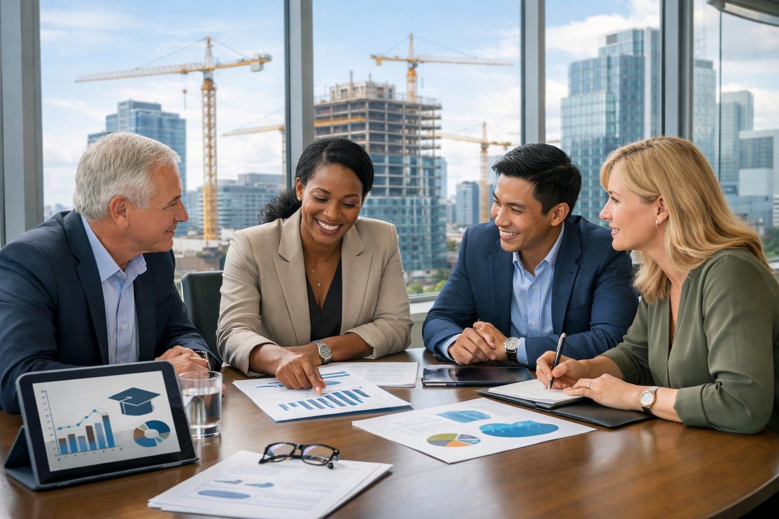 Un groupe de professionnels divers discutant autour d'une table de réunion avec une vue sur une ville en transformation à travers de grandes fenêtres.