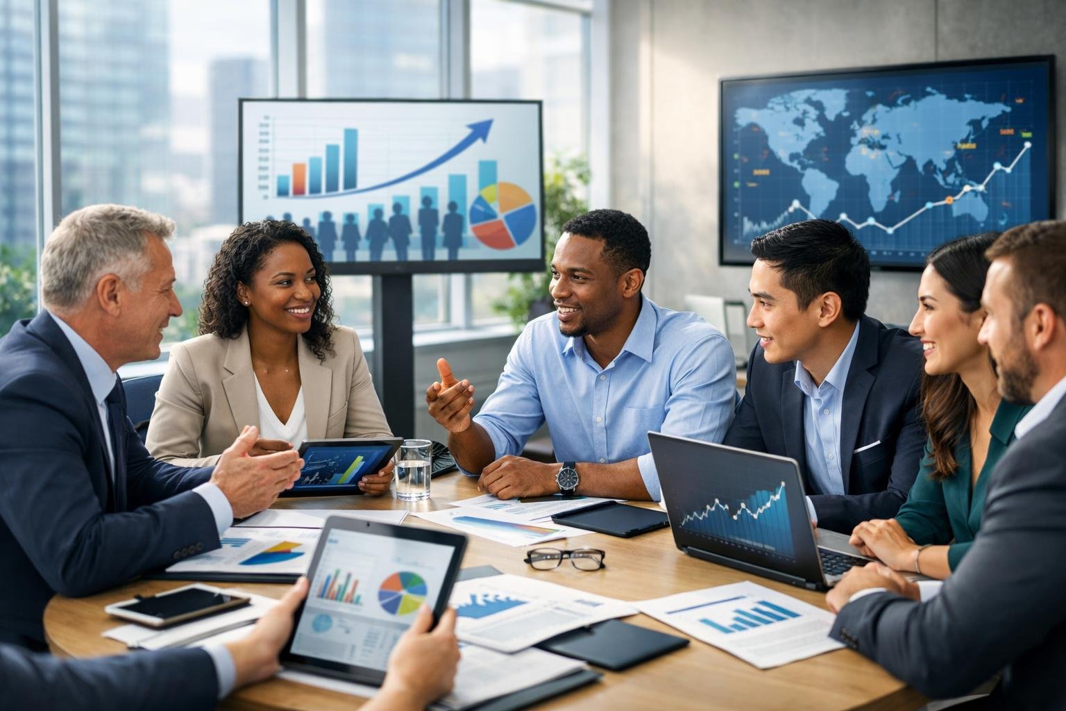 Des professionnels divers en réunion dans une salle de conférence moderne, discutant autour d'une table avec des ordinateurs et des documents.