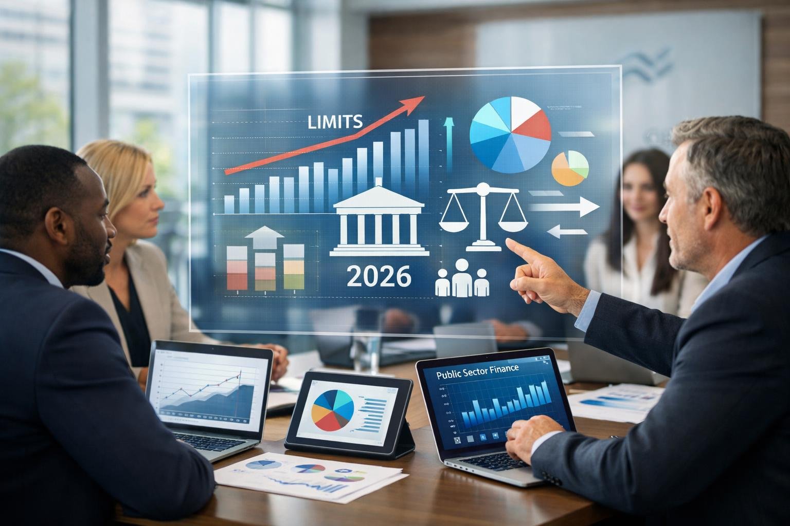 Des professionnels en réunion autour d'une table discutant de données financières dans un bureau moderne et lumineux.