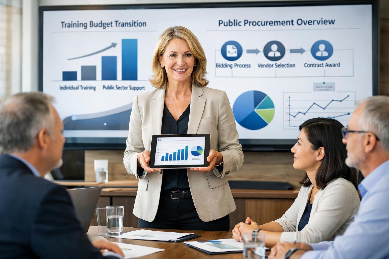 Un groupe de professionnels en réunion autour d'une table, une femme présente des données sur une tablette numérique.