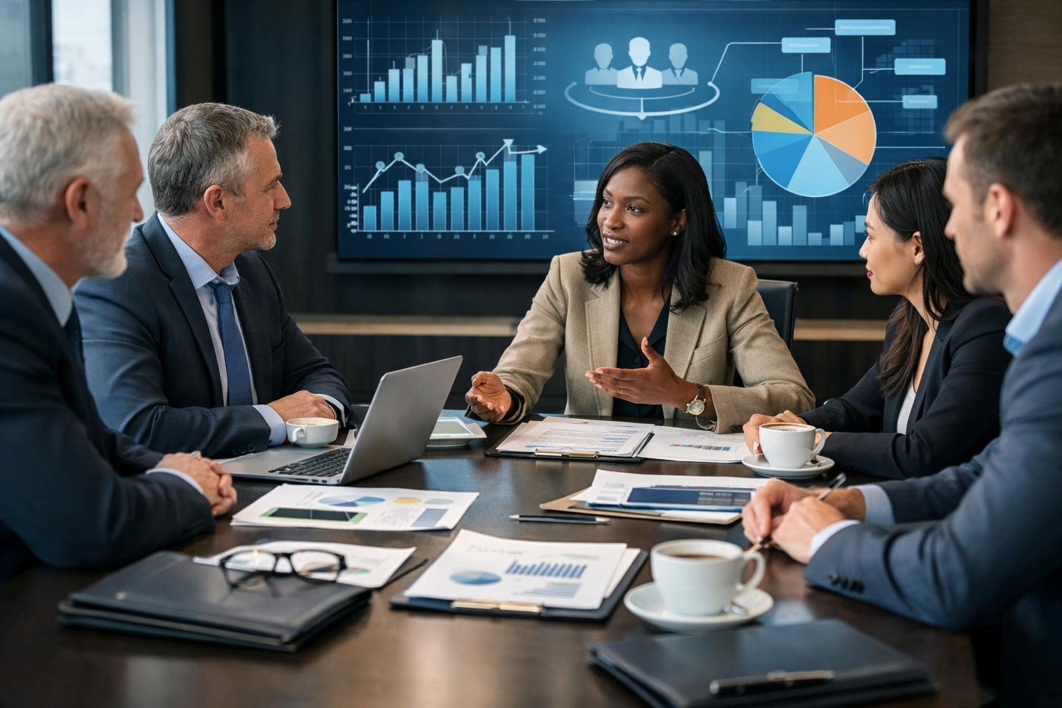 Des professionnels en réunion autour d'une table de conférence, examinant des documents et des graphiques financiers dans un bureau moderne.