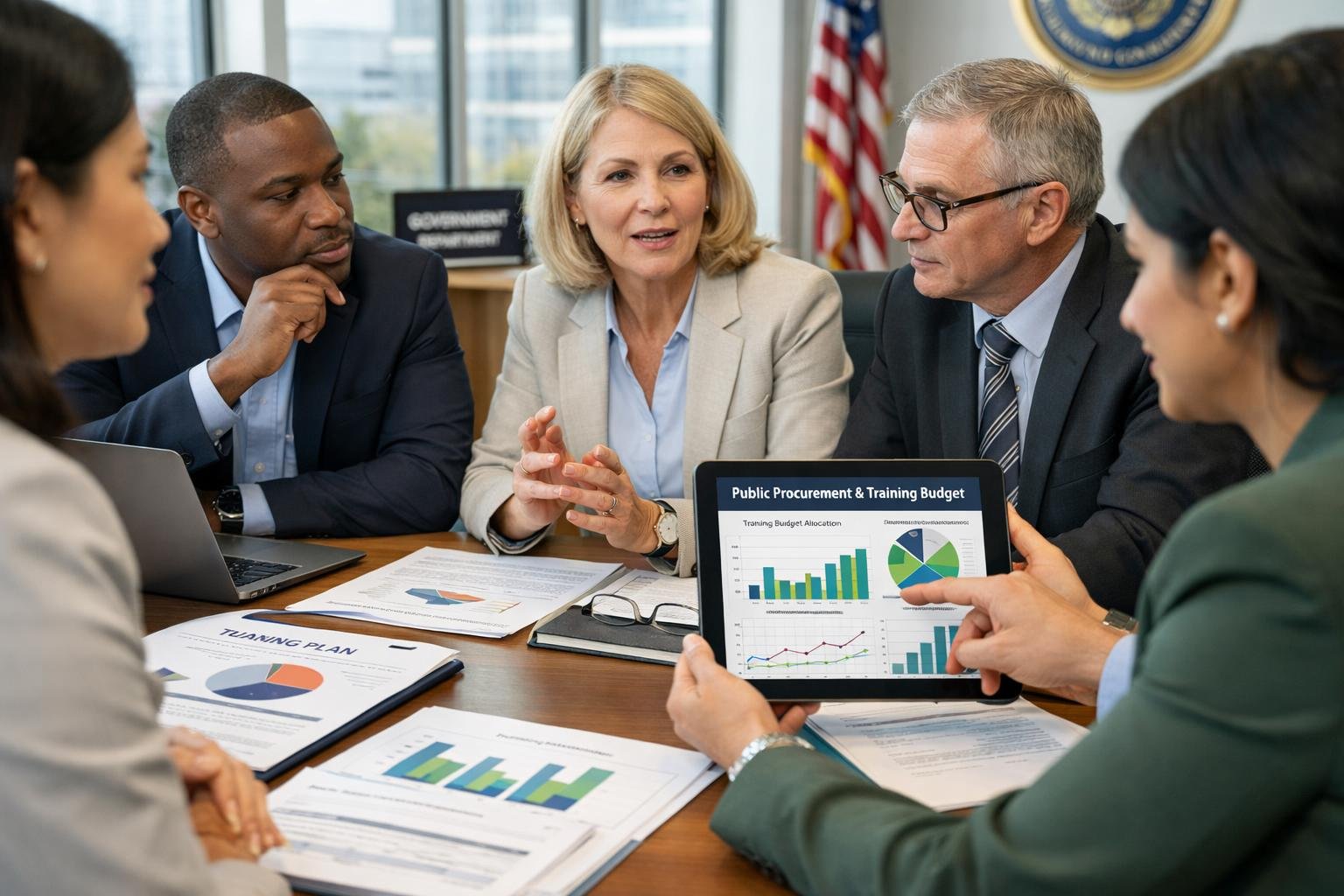 Un groupe de professionnels en réunion dans un bureau moderne, discutant de plans de formation et de budgets.