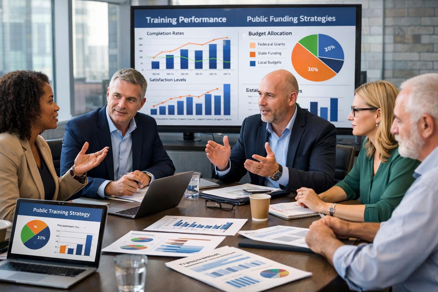 Un groupe de professionnels en réunion autour d'une table de conférence dans un bureau moderne, discutant de stratégies de formation et d'achat public.