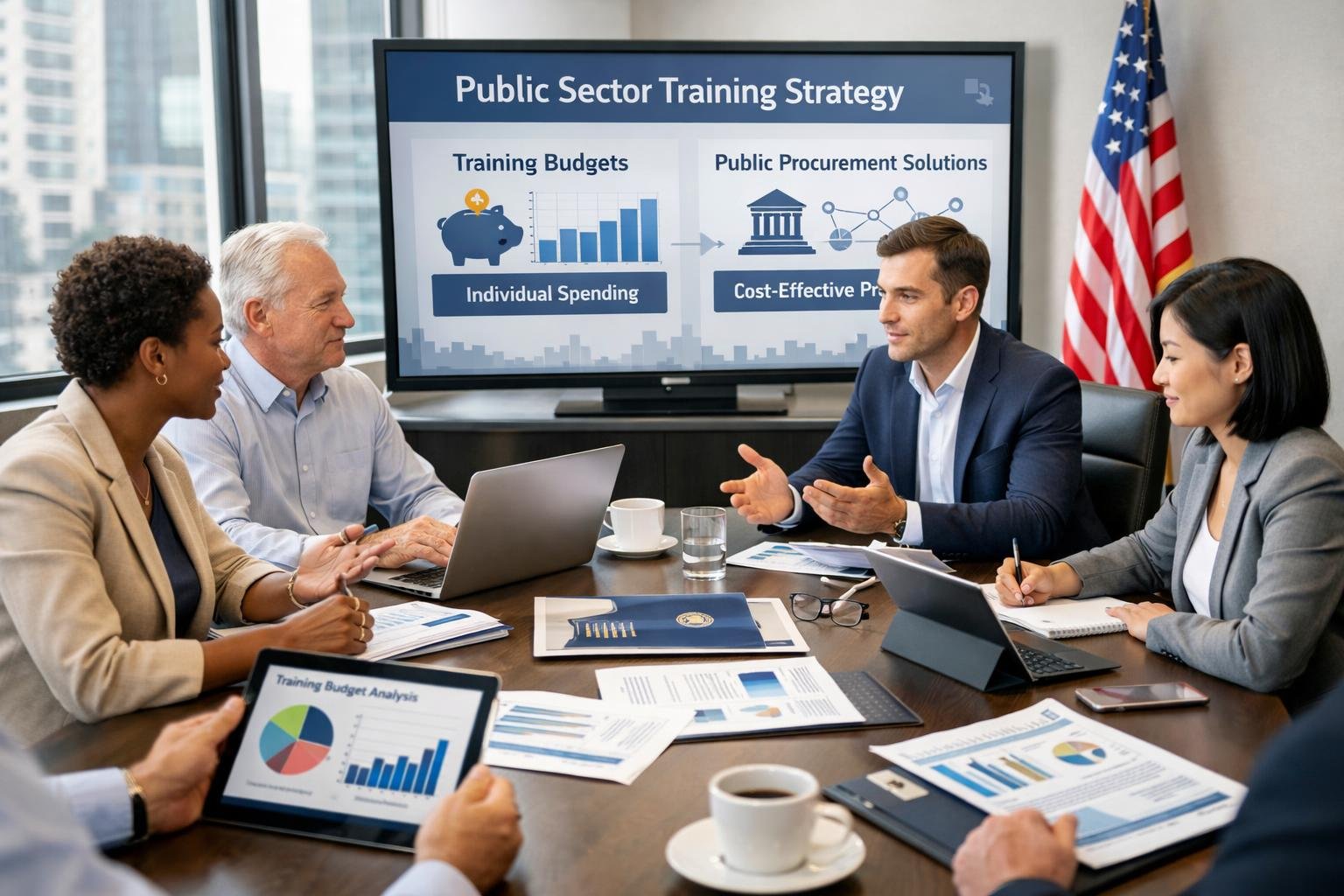 Des professionnels en réunion dans un bureau moderne, analysant des graphiques et discutant de stratégies liées à la formation et aux marchés publics.
