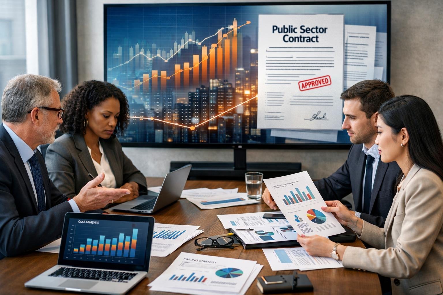 Des professionnels en réunion autour d'une table de conférence avec des graphiques financiers et des documents, discutant de stratégies économiques.