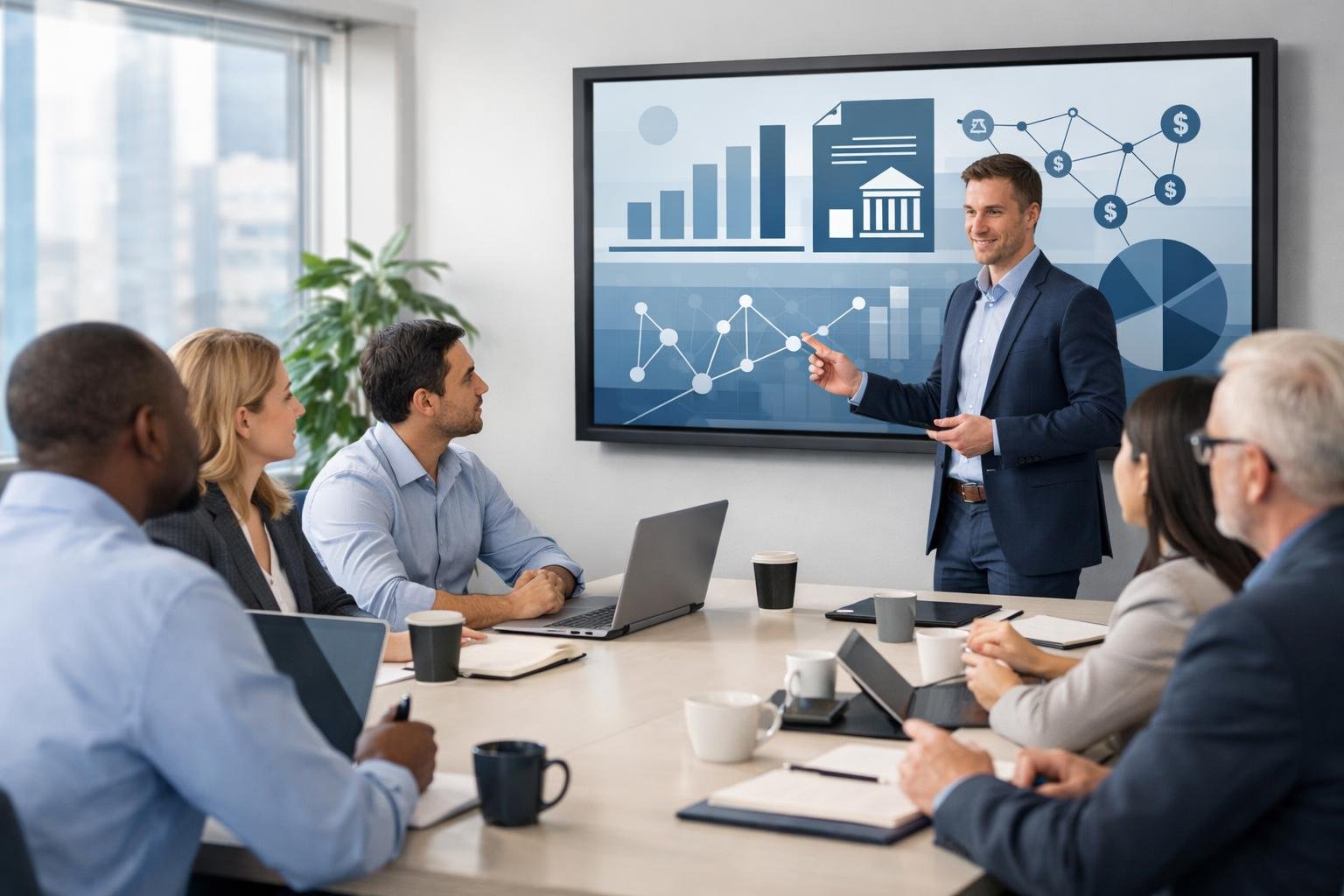 Un groupe de professionnels en formation dans une salle de conférence moderne, écoutant un formateur présentant des graphiques sur un écran numérique.